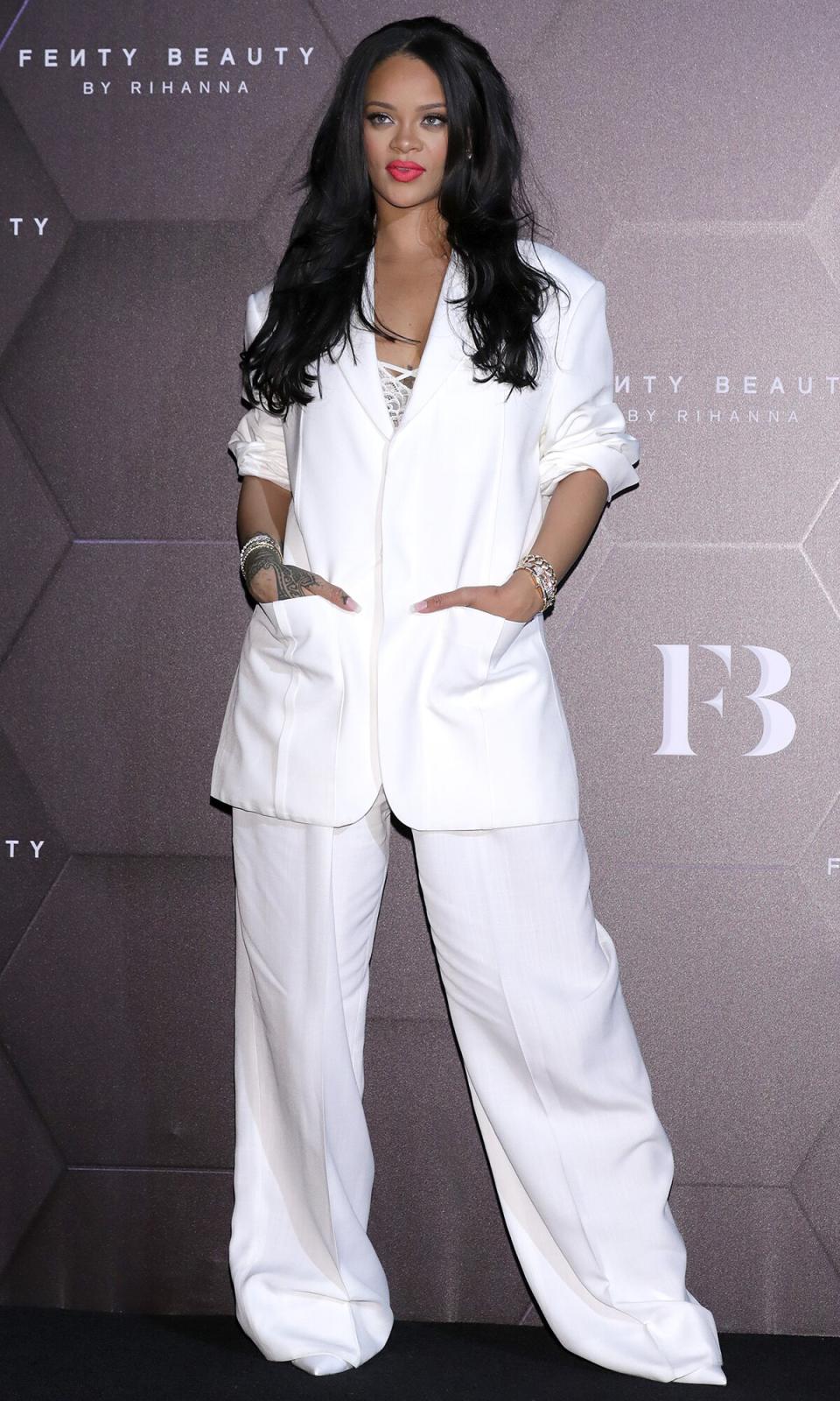 Rihanna attends an event for 'FENTY BEAUTY' artistry beauty talk with Rihanna at Lotte World Tower on September 17, 2019 in Seoul, South Korea