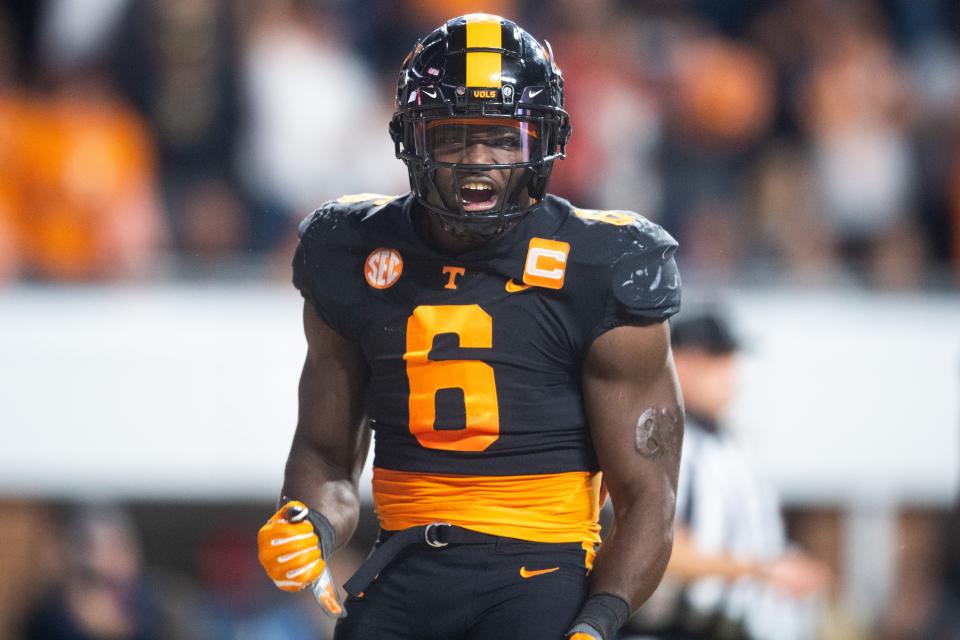 Tennessee defensive lineman/linebacker Byron Young (6) after sacking Kentucky quarterback Will Levis during Tennessee's game against Kentucky at Neyland Stadium in Knoxville, Tenn., on Saturday, Oct. 29, 2022.