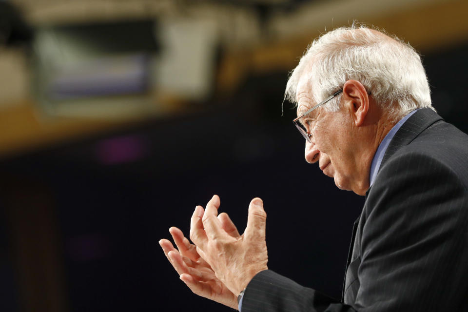 European Union foreign policy chief Josep Borrell speaks during a news conference at the European Commission headquarters in Brussels, Wednesday, June 16, 2021. Borrell unveiled a new set of proposals for the EU to deal with an increasingly authoritarian Russia, and his report will be discussed by the bloc's leaders at a summit next week. (Johanna Geron/Pool Photo via AP)