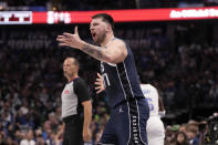 Dallas Mavericks guard Luka Doncic shouts during play in the first half against the Oklahoma City Thunder in Game 3 of an NBA basketball second-round playoff series, Saturday, May 11, 2024, in Dallas. (AP Photo/Tony Gutierrez)