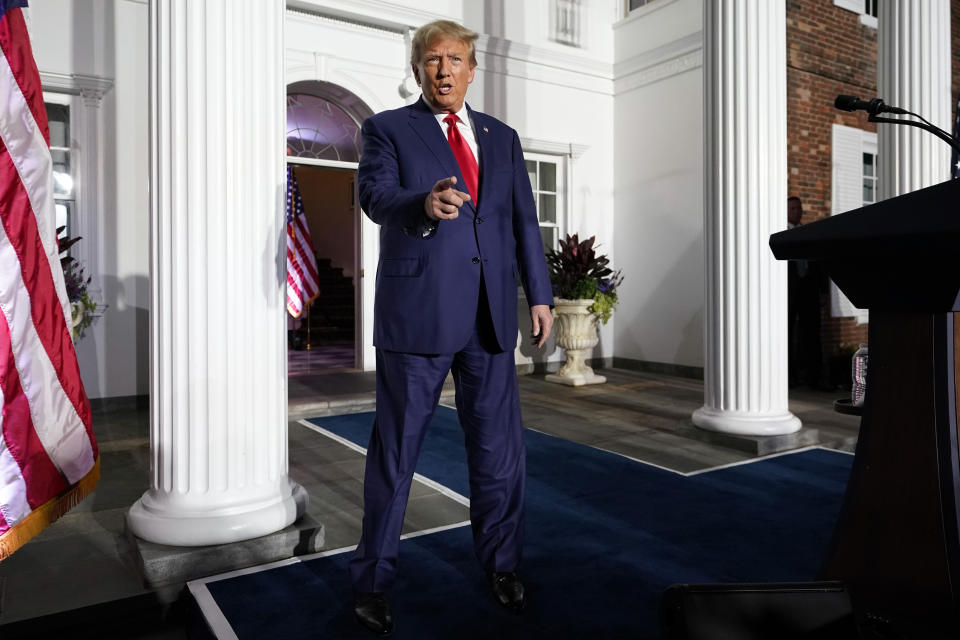 Former President Donald Trump arrives to speak at Trump National Golf Club in Bedminster, N.J., Tuesday, June 13, 2023, after pleading not guilty in a Miami courtroom earlier in the day to dozens of felony counts that he hoarded classified documents and refused government demands to give them back. (AP Photo/Andrew Harnik)