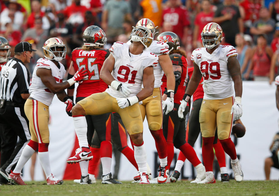 Celebrate: The San Francisco 49ers will wear gold pants and white tops in Super Bowl LIV. (Michael Zagaris/San Francisco 49ers/Getty Images)