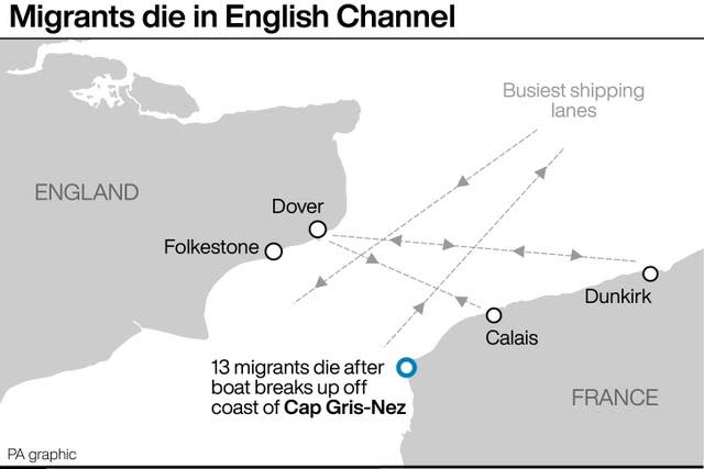 A map showing the area of the Channel where the migrants died