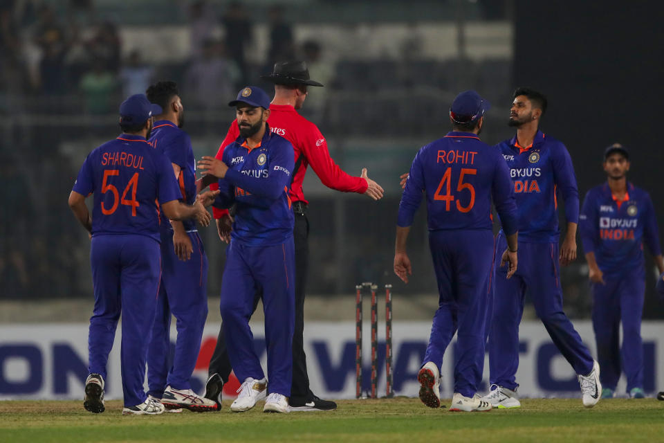 Indian players after loosing the first one day international cricket match against Bangladesh in Dhaka, Bangladesh, Sunday, Dec.4, 2022. (AP Photo Surjeet Yadav)