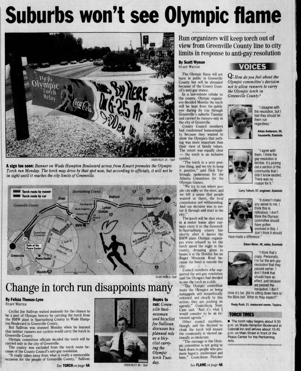 Article in The Greenville News from June 25, 1996 reports how the Olympic torch would bypass areas of Greenville County in response to the council's anti-gay resolution.
