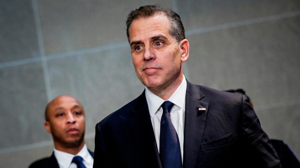 PHOTO: Hunter Biden, son of President Joe Biden, listens as his attorney makes a statement to the press following a closed-door deposition, on February 28, 2024, in Washington, D.C.  (Samuel Corum/Getty Images, FILE)