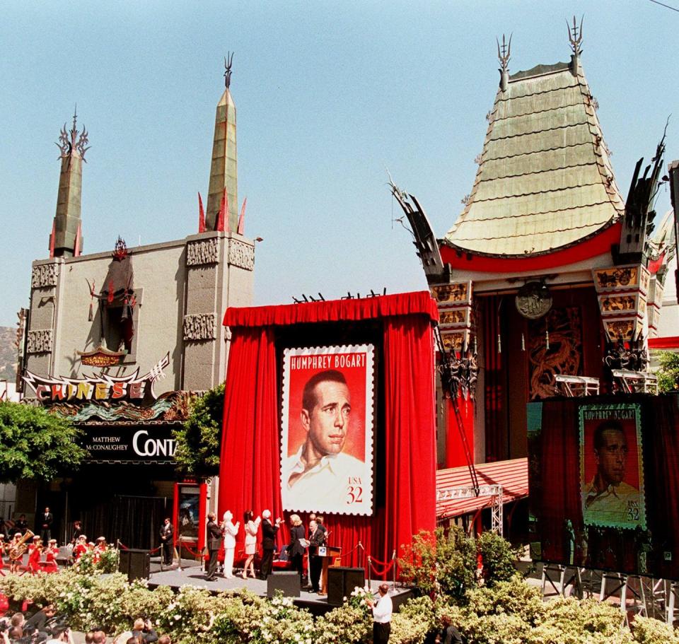 <p>The US Postal Service unveils its Humphrey Bogart stamp in front of the Chinese Theatre as a part of its Hollywood Legends series, which also featured Marilyn Monroe and James Dean.</p>