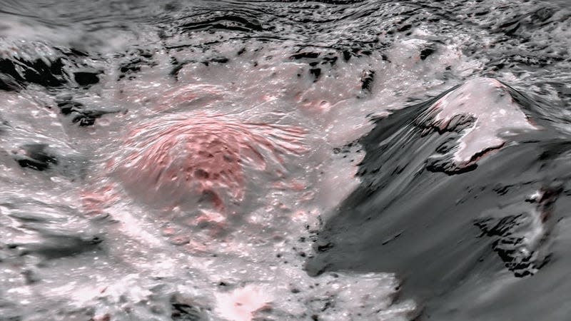 False-color image showing interior portions of Occator Crater. The pinkish areas indicate regions in which exposed brine spilled out onto the dwarf planet’s surface.