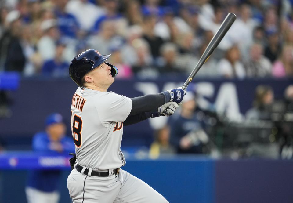 Tigers designated hitter Tyler Nevin hits a sacrifice fly against the Blue Jays in the third inning on Thursday, April 13, 2023, in Toronto.