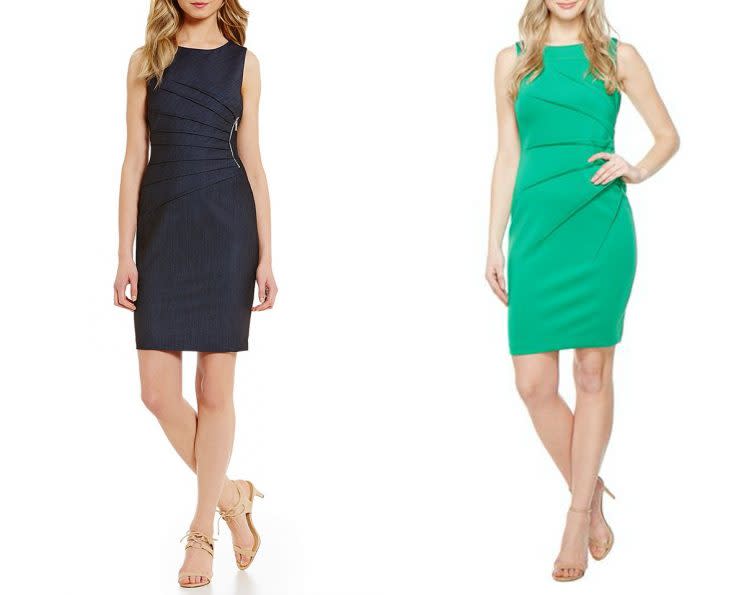 At left, a denim Ivanka Trump brand dress. On the right, a green Calvin Klein dress. Both brands are owned by G-III Apparel. (Photos: Lyst, Dillard’s)