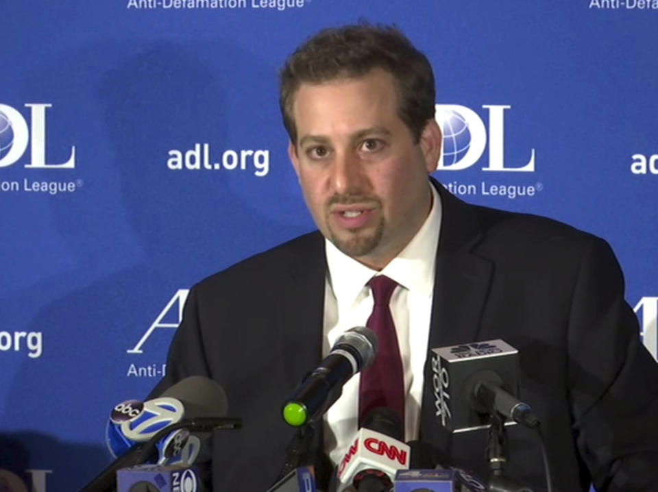 In this image taken from video, Oren Segal, Co-Director of the Anti-Defamation League's Center on Extremism, addresses the media at a news conference at ADL Headquarters in New York, Friday, March 3, 2017. Segal commented on the arrest of a Missouri man in connection with threats made to at least eight Jewish institutions nationwide and the Anti-Defamation League's headquarters in New York City. He also commented on the recent rise of anti-Semitic activity in general. (AP Photo/Ted Shaffrey)