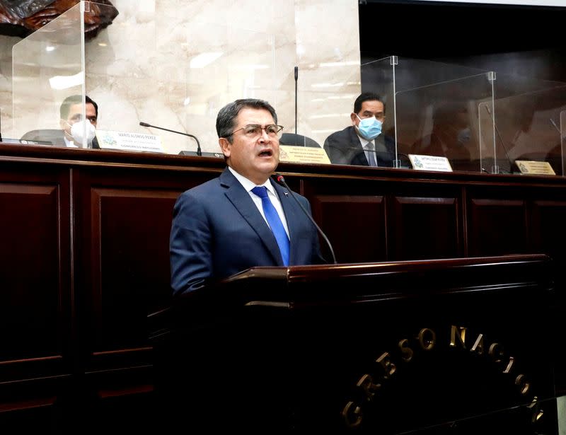 Honduras' President Juan Orlando Hernandez addresses the Congress in Tegucigalpa