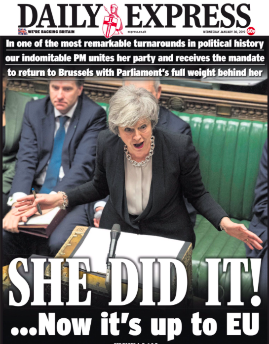 <p>Long-time Brexit supporting newspaper The Daily Express gives their full backing to Mrs May, saying ‘she did it!’ and calling the wins ‘one of the most remarkable turnarounds in political history’. </p>