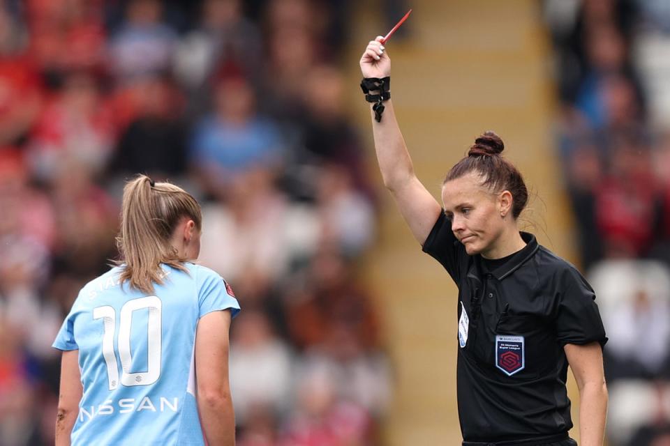 Georgia Stanway of Manchester City is shown a red card by Rebecca Welch (Getty Images)