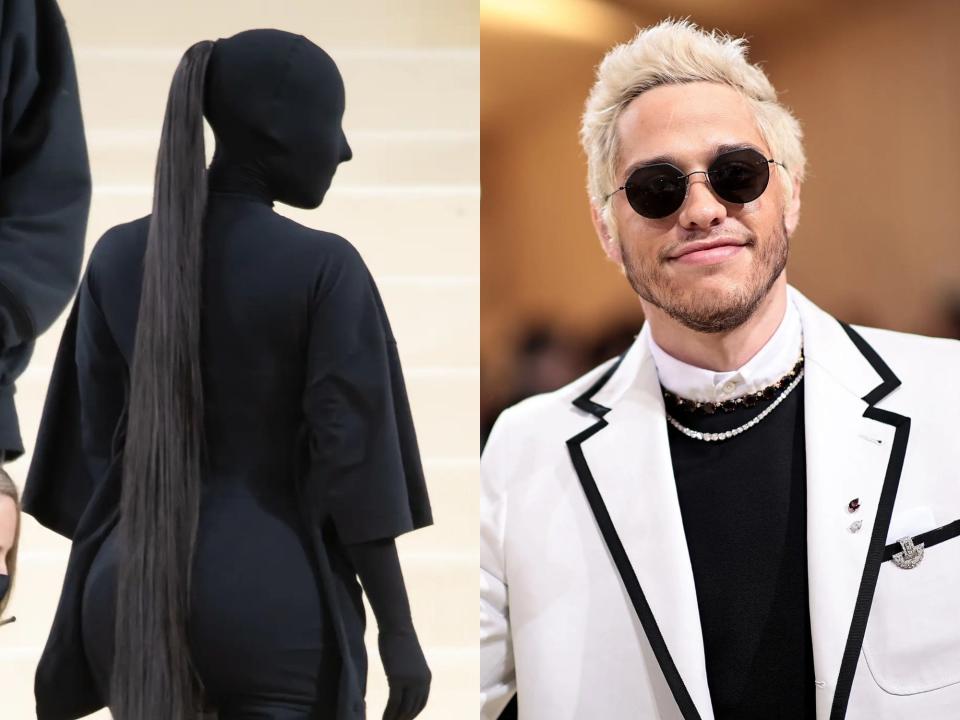 Kim Kardashian at the 2021 Met Gala (left) and Pete Davidson at the 2021 Met Gala (right)