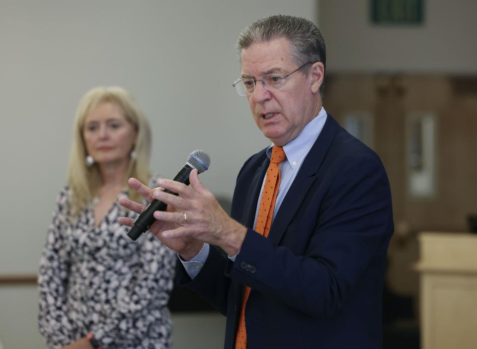 Sam Brownback, Ambassador-at-Large for International Religious Freedom, speaks at the International Religious Freedoms Summit at the Relief Society building located on Temple Square in Salt Lake City on Wednesday, Aug. 23, 2023. Listening is Katrina Lantos Swett, president of the Lantos Foundation for Human Rights and Justice. | Laura Seitz, Deseret News