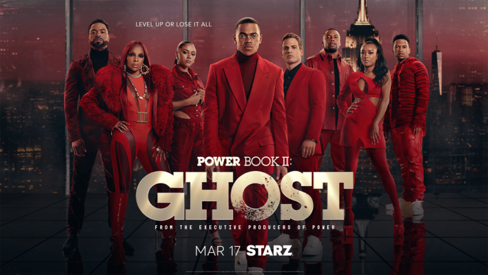 Mary J. Blige (second from far left) and other “Power Book II: Ghost” cast members. (Photo Credit: Starz)