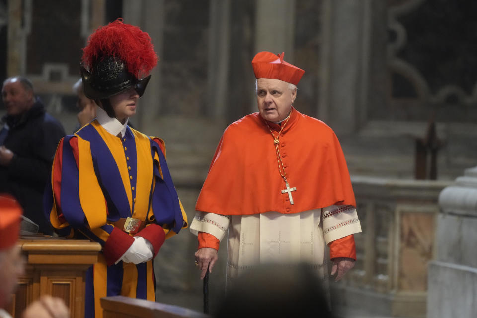 Edwin Frederick O'Brien arrives for the funeral ceremony of Australian Cardinal George Pell in St. Peter's Basilica at the Vatican, Saturday Jan. 14, 2023. Cardinal Pell died on Tuesday at a Rome hospital of heart complications following hip surgery. He was 81. (AP Photo/Gregorio Borgia)