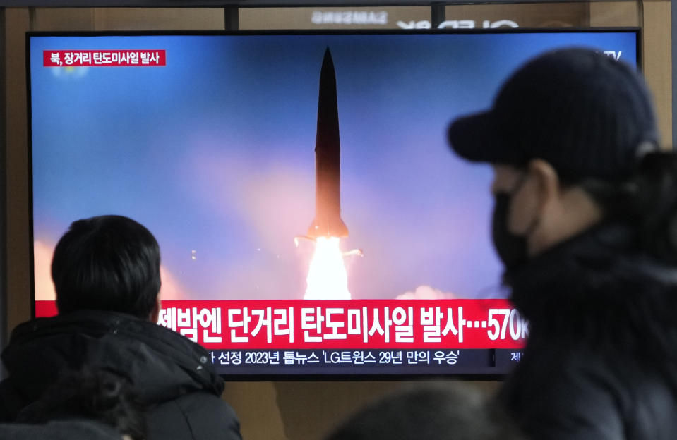 A TV screen shows a file image of North Korea's missile launch during a news program at the Seoul Railway Station in Seoul, South Korea, Monday, Dec. 18, 2023. North Korea fired an intercontinental ballistic missile into the sea Monday in a resumption of its high-profile weapons testing activities, its neighbors said, as the North vows strong responses against U.S. and South Korean moves to boost their nuclear deterrence plans. (AP Photo/Ahn Young-joon)