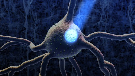 A neuron is turned on by light via a technique called optogenetics.