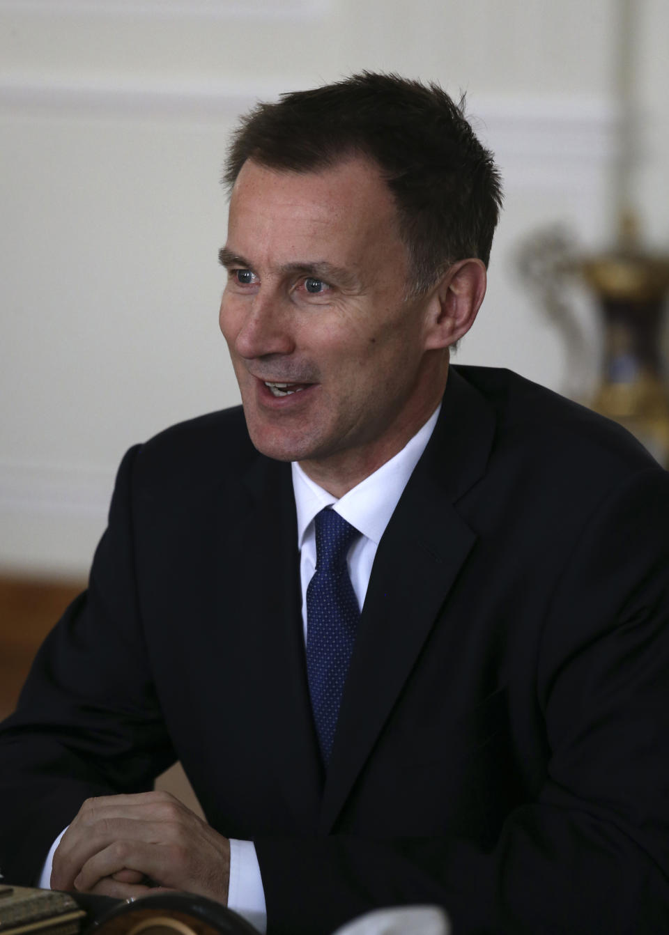 Britain's Foreign Secretary Jeremy Hunt speaks with Iranian Foreign Minister Mohammad Javad Zarif during their meeting in Tehran, Iran, Monday, Nov. 19, 2018. (AP Photo/Vahid Salemi)