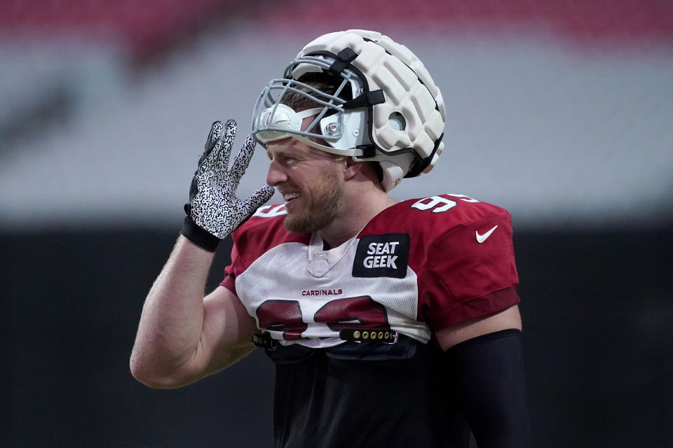 Arizona Cardinals' J.J. Watt runs drills during their NFL football training camp, Thursday, Aug. 4, 2022, in Glendale, Ariz. (AP Photo/Matt York)