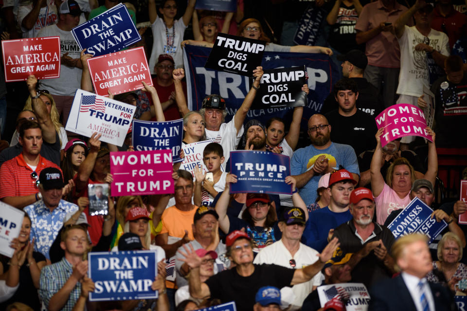 The crowd cheers as President Donald J. Trump speaks at a campaign rally at the Big Sandy Superstore Arena on Aug. 3, 2017 in Huntington, West Virginia. (Photo: Justin Merriman/Getty Images)