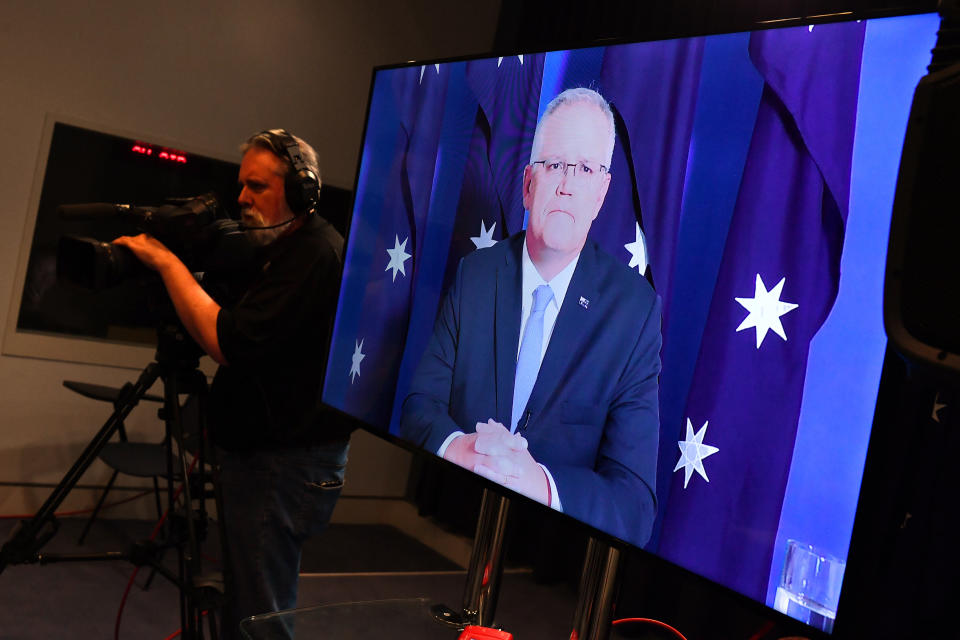 CANBERRA, AUSTRALIA - NOVEMBER 30: Prime Minister Scott Morrison delivers a press conference to media virtually from The Lodge on November 30, 2020 in Canberra, Australia. Prime Minister Scott Morrison is attending parliament virtually while he completes 14 days of quarantine at The Lodge following his visit to Japan. (Photo by Sam Mooy/Getty Images)