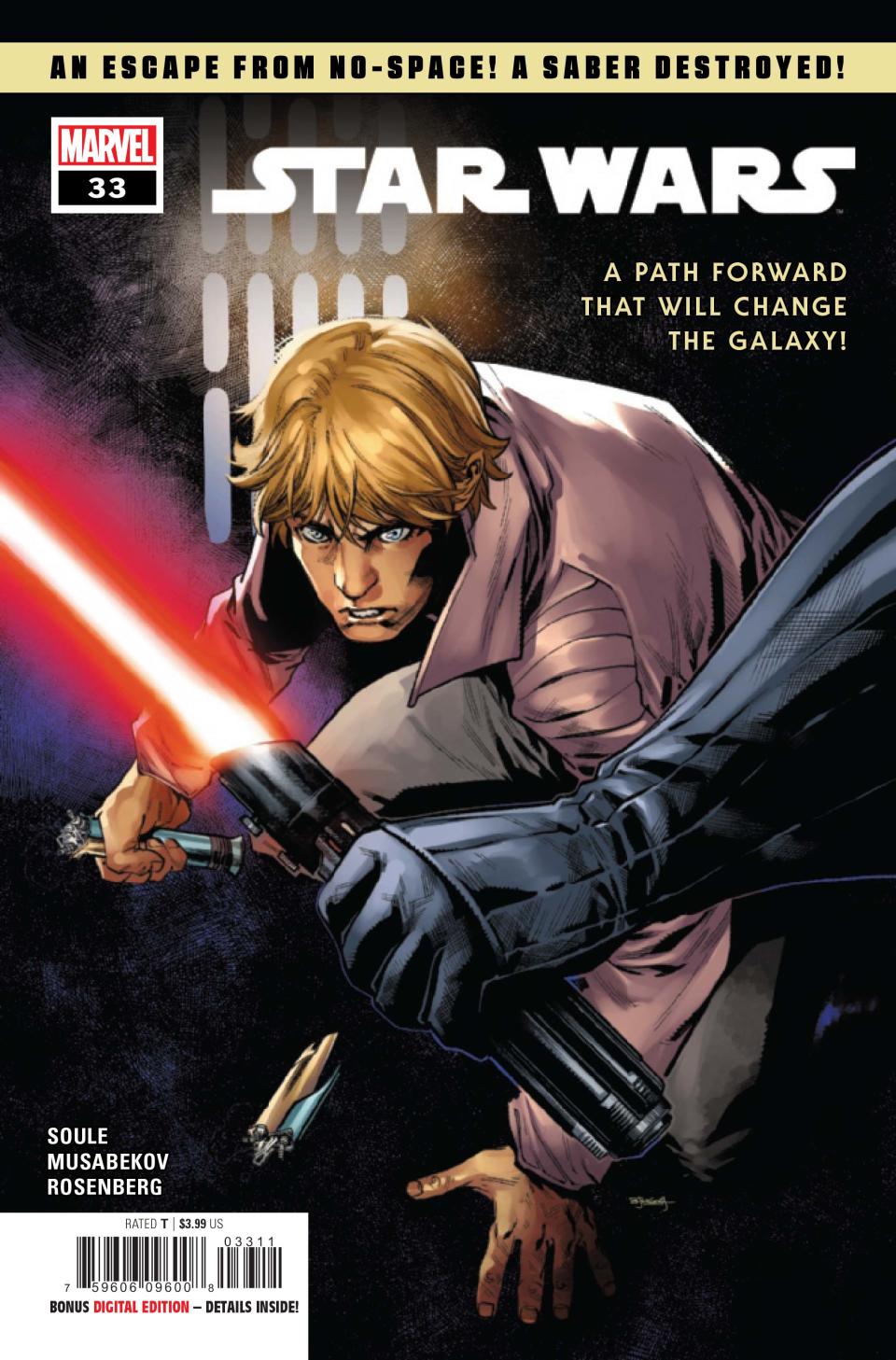 A close up of Luke facing Darth Vader on the cover for Star Wars #33.