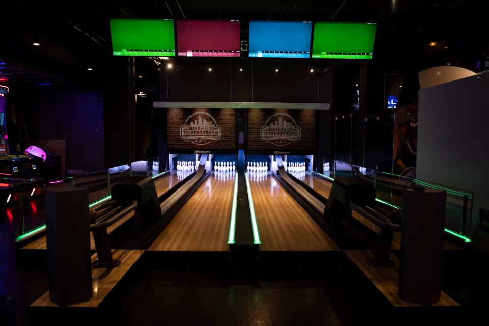 Nashville Underground Honky Tonk has arcades that include a bowling ally in Nashville, Tenn., Wednesday, June 30, 2021.