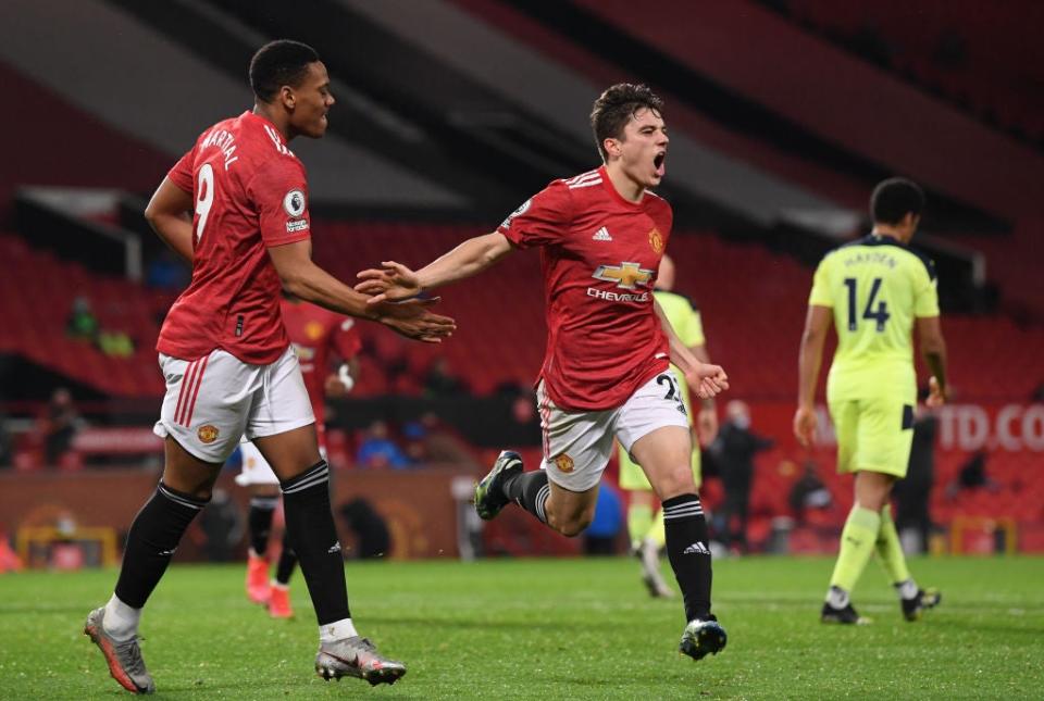 <p>Daniel James celebrates with Anthony Martial</p> (Getty)