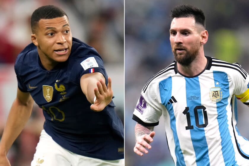 France's Kylian Mbappe, left, and Argentina's Lionel Messi.