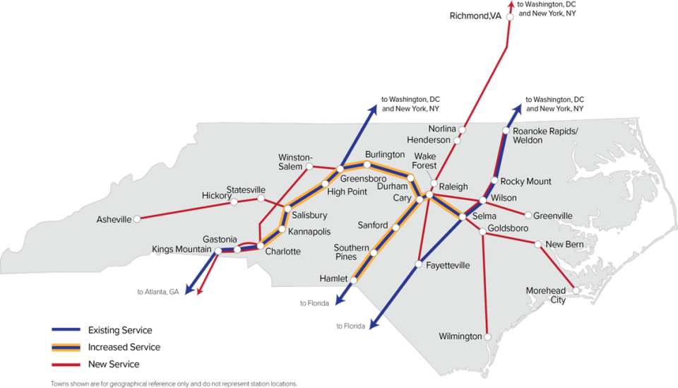 The N.C. Department of Transportation submitted 12 North Carolina rail corridors to this program to receive federal funding from the U.S. Department of Transportation Federal Railroad Administration’s Competitive Discretionary Grants Program. Seven were approved Dec. 5, 2023, including Charlotte to Atlanta.
