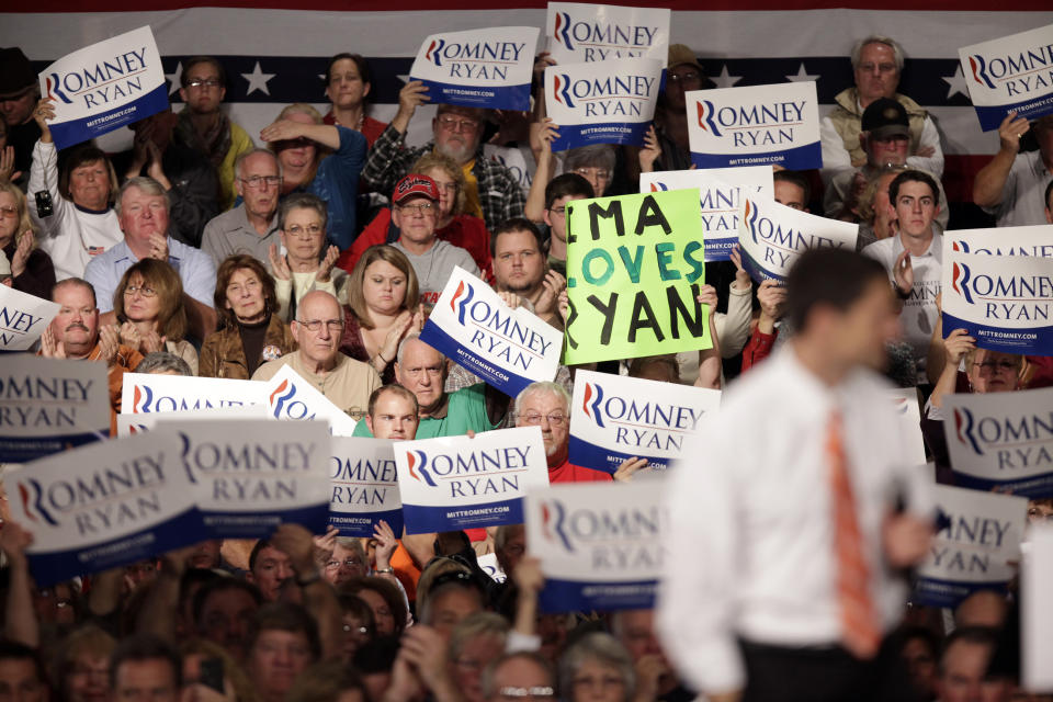 Supporters cheer for Republican vice presidential candidate, Rep. Paul†Ryan, R-Wis., Monday, Sept. 24, 2012, at the Veterans Memorial Civic & Convention Center in Lima, Ohio. (AP Photo/J.D. Pooley)