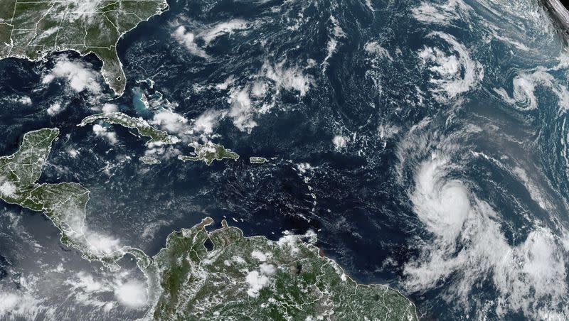 This Wednesday, Sept. 6, 2023, satellite image provided by the National Oceanic and Atmospheric Administration shows Hurricane Lee, in the central tropical Atlantic Ocean.