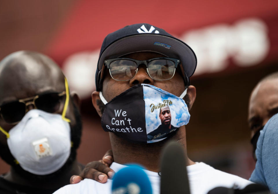  Terrence Floyd is seen wearing a mask with George Floyd's face on it during his speech.