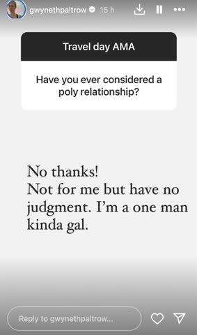 <p>Gwyneth Paltrow /Instagram</p> Gwyneth Paltrow answers a question about polyamory on her Instagram Story on Friday