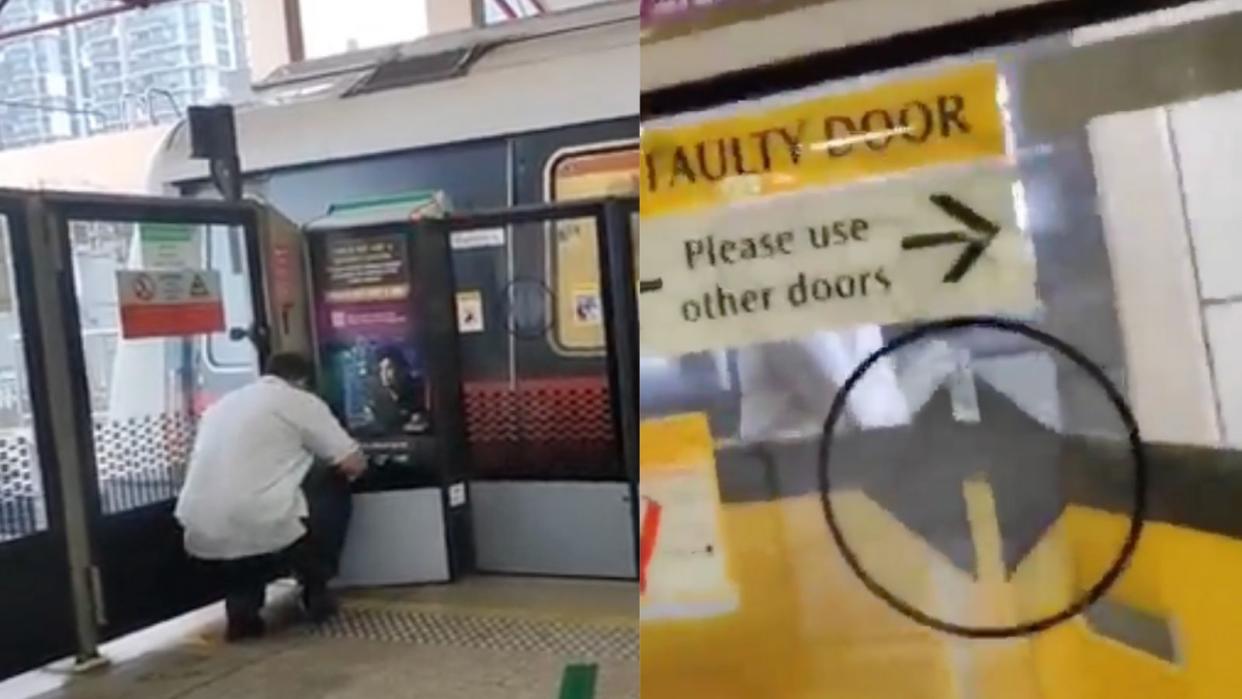 A staff runs to fix the door after the boy intentionally prevented the platform doors from closing at Jurong East MRT station. 