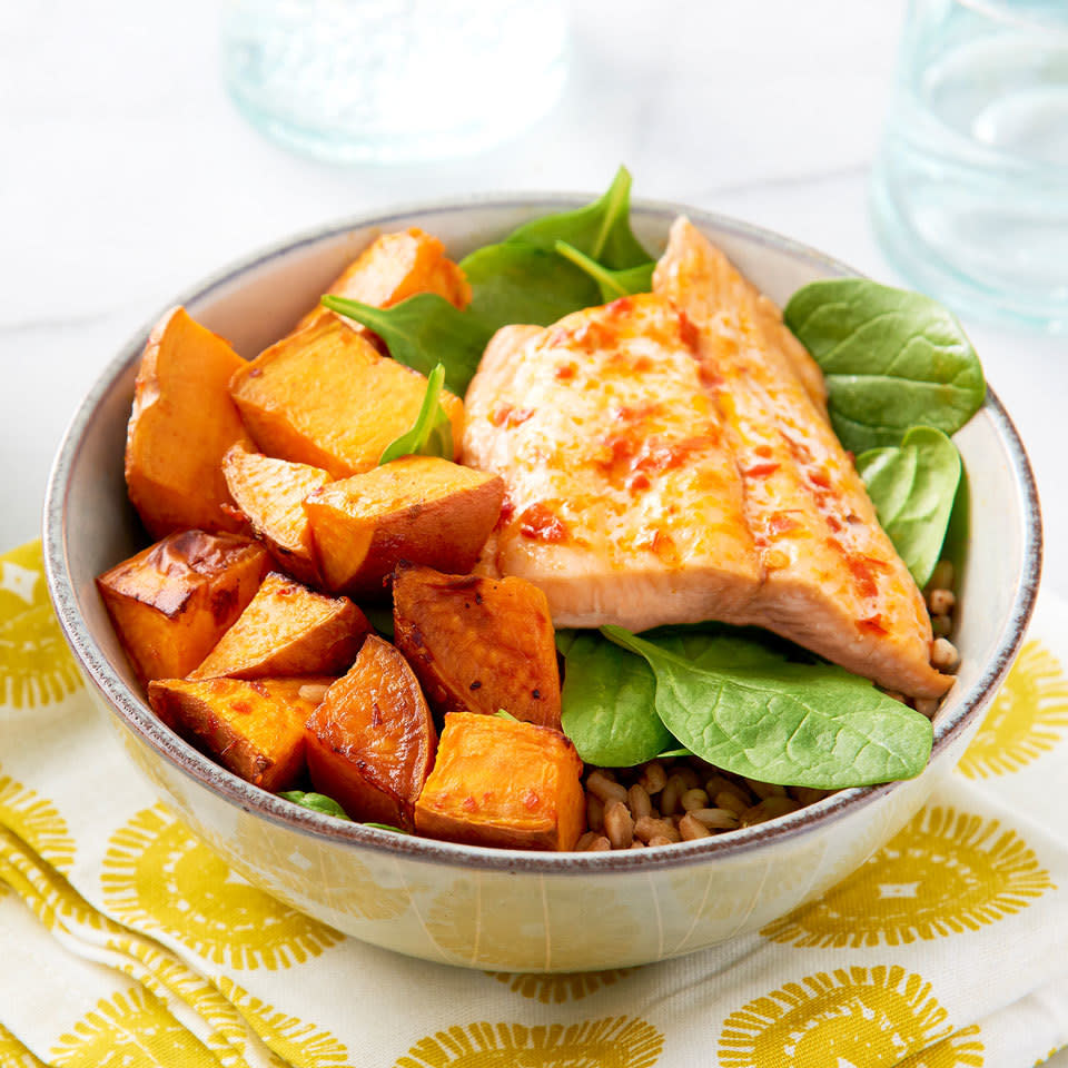 <p>Harissa adds Moroccan flavor to this healthy grain bowl recipe without needing a long list of ingredients. Just 5 ingredients is all you need to get dinner (or a packable lunch) on the table in under an hour! <a href="https://www.eatingwell.com/recipe/262448/salmon-sweet-potato-grain-bowls/" rel="nofollow noopener" target="_blank" data-ylk="slk:View Recipe;elm:context_link;itc:0;sec:content-canvas" class="link ">View Recipe</a></p>