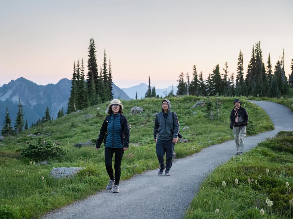 Hikers in Mount Rainier National Park in Washington state.