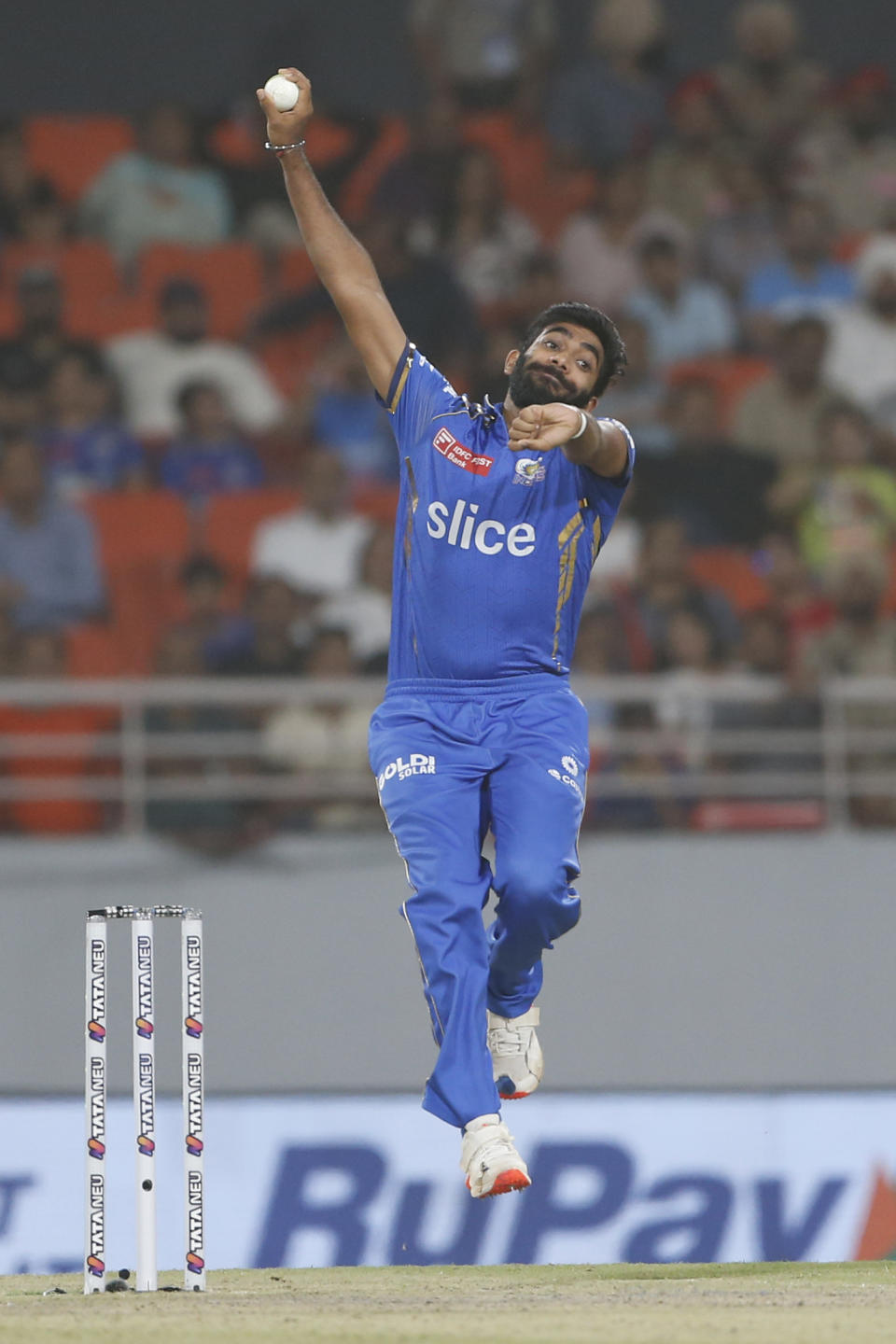 Mumbai Indians' Jasprit Bumrah bowls a delivery during the Indian Premier League cricket match between Punjab Kings' and Mumbai Indians' in Mullanpur ,India, Thursday, April 18, 2024.(AP Photo/ Surjeet Yadav))