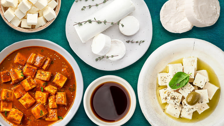 marinated cheeses on plates