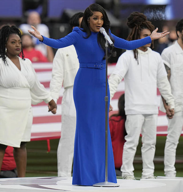 Mickey Guyton Is Bold in Blue Gown & Sharp Pumps to Sing National Anthem at Super  Bowl LVI