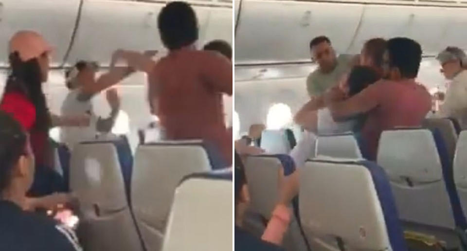 The man was filmed gets into a brawl on Scoot flight TR7 before he’s restrained by a passenger. Source: Facebook