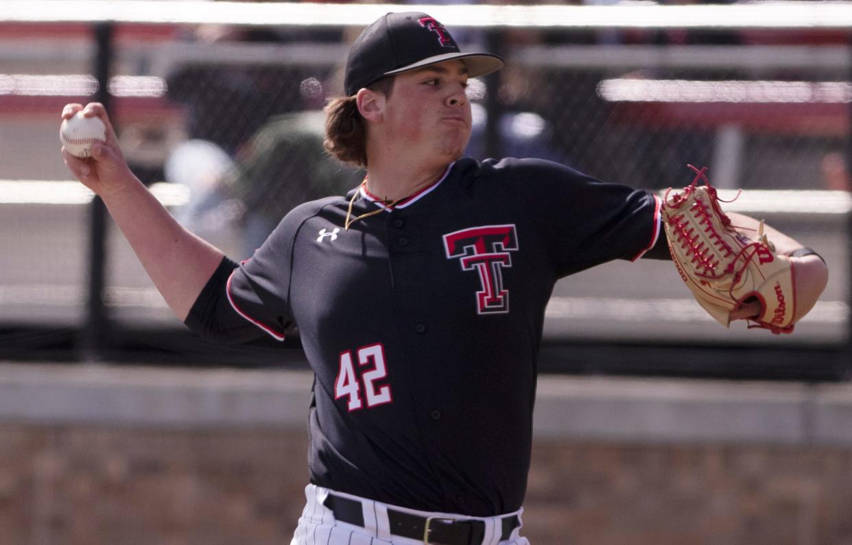 Texas Tech righthander Kyle Robinson (42) delivers a pitch in a 2023 game against Gonzaga at Dan Law Field/Rip Griffin Park. The Major League Baseball draft begins Sunday, and Robinson is a top-200 prospect, according to MLB.com.