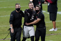 Arizona Cardinals kicker Zane Gonzalez (5) leaves the field after an NFL football game against the Seattle Seahawks, Sunday, Oct. 25, 2020, in Glendale, Ariz. The Cardinals won 37-34 in overtime. (AP Photo/Ross D. Franklin)