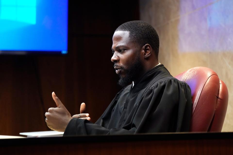 Oakland County Judge Kwame Rowe in court on Friday, July 28, 2023, in Pontiac, Mich. Prosecutors are making their case that the Michigan teenager should be sentenced to life in prison for killing four students at his high school in 2021. Prosecutors introduced dark journal entries written by Ethan Crumbley, plus chilling video and testimony from a wounded staff member.