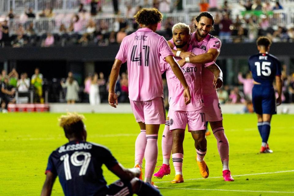 Inter Miami CF forward Josef Martínez (17) reacts with teammates Leonardo Campana (9) and David Ruiz (41) after scoring the second goal for his team during the first half of an MLS game against New England Revolution at DRV PNK Stadium in Fort Lauderdale, Florida, on Saturday, May 13, 2023.