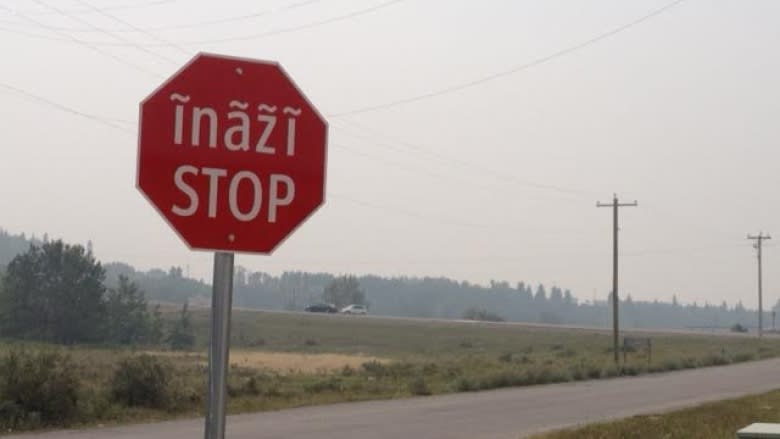 A stop sign featuring Stoney Nakoda language is shown in Alberta. (CBC News)