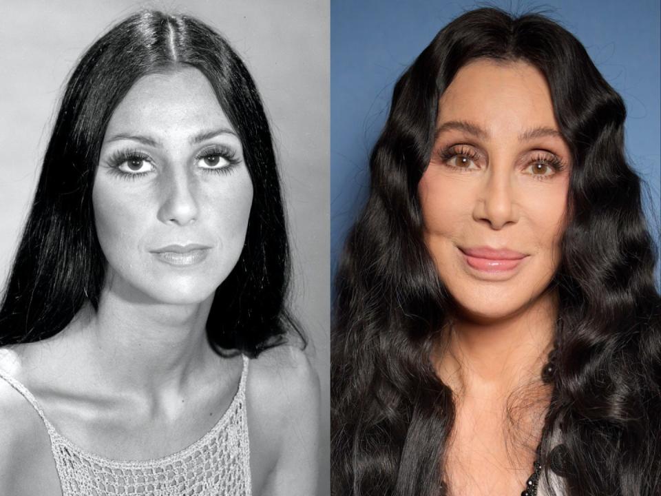 On the left, Cher in 1970. On the right, Cher smiling in 2023.